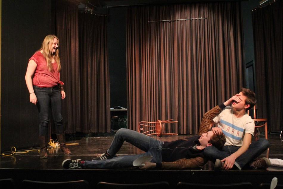 Juniors Katherine Bald, Matthew Chappelle and senior Noah Eisfelder rehearse for the upcoming performance.