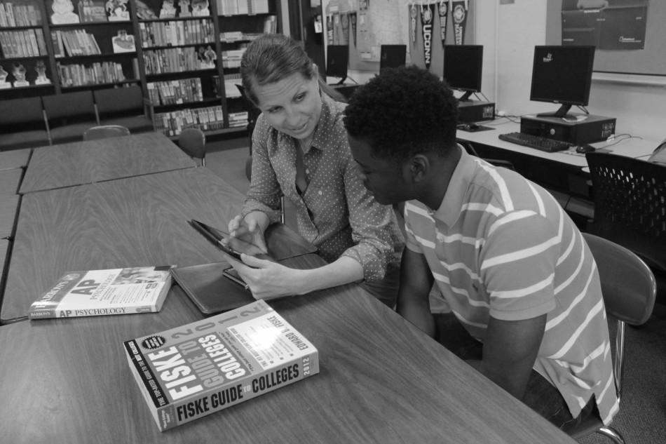 College and Career coordinator Beth Arey helps Marcus Starks, junior, with post-secondary plans. 