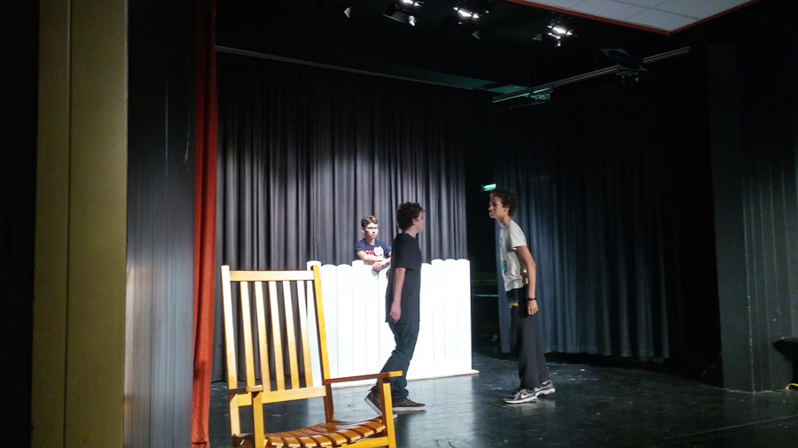 Dylan Dishner, Jacob Wilson, and Grey Turley rehearse an early scene where Tom threatens a new boy in town.