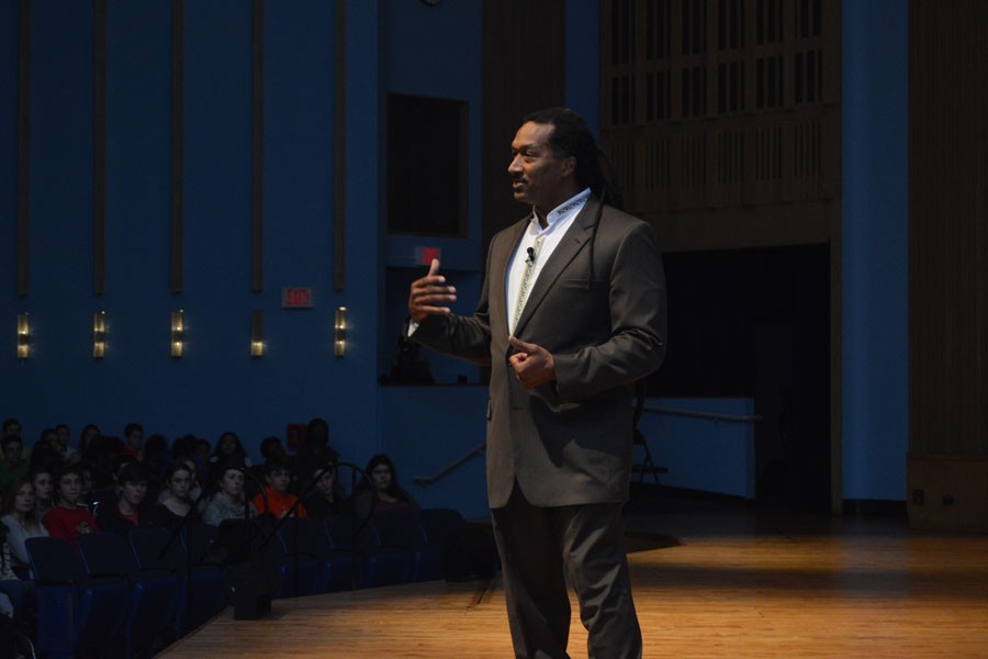 Guest speaker Calvin Terrell lectures to a packed auditorium. 