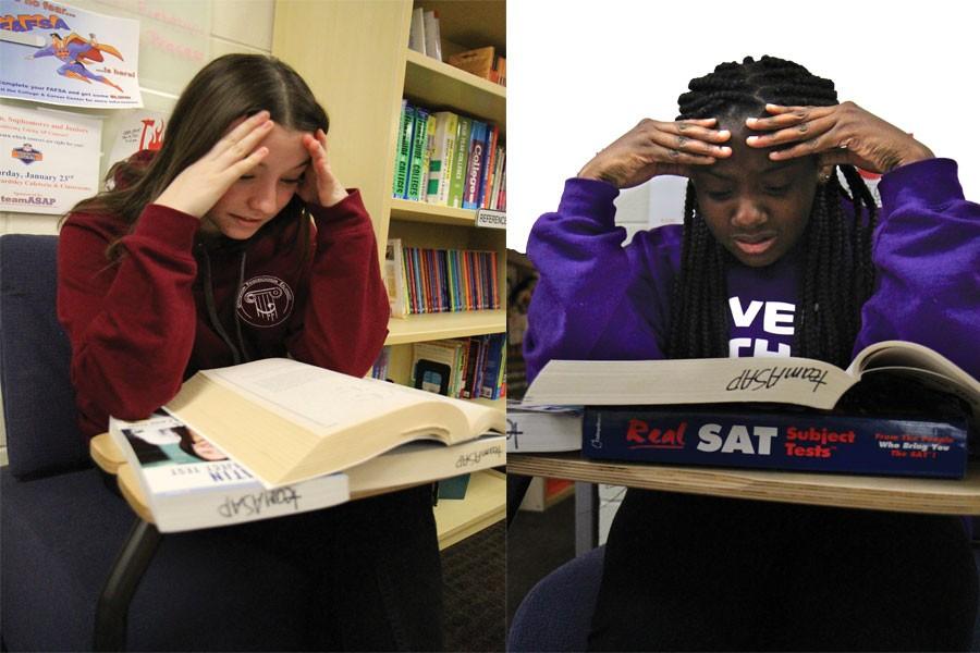 Clara Lutz and Naissa Charles, juniors, express confusion over the new SAT format. 