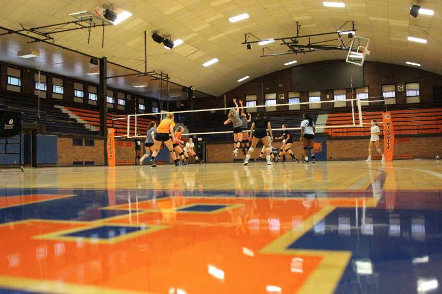 Girls volleyball practices in the newly renovated gym.