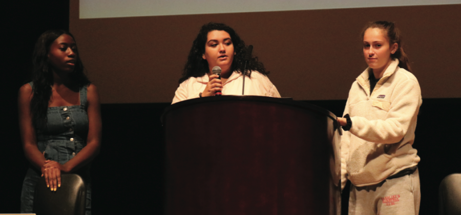 Seniors Nialie Pompilus, Sofia Garcia, and Hana Hofeld speak to freshmen about SOAR.