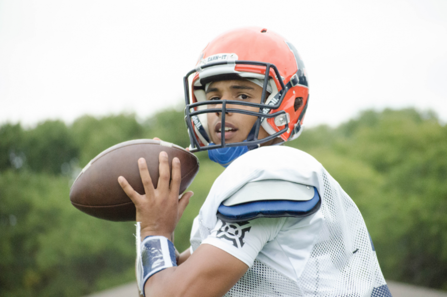 Senior+quarterback+Drew+Dawkins+throws+the+ball+downfield.