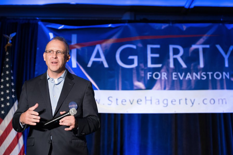 Mayor Hagerty spoke to Evanston residents at his campaign kick-off event. Photo courtesy of Lauren Duquette.