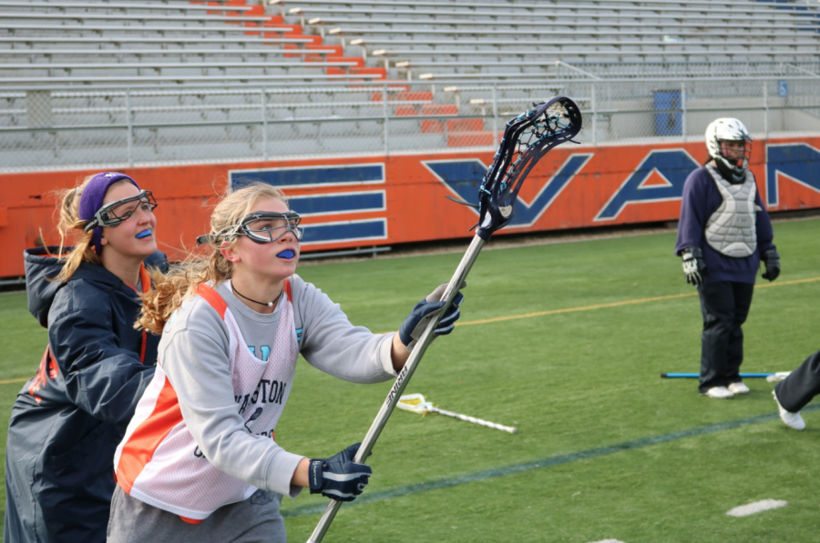 Nikki Kimmel guards Mary McClintock at a practice.