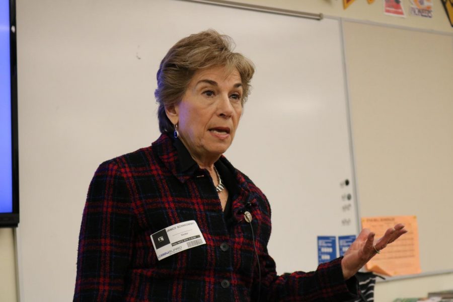 Jan Schakowsky speaks in the Hub on Friday, April 6.