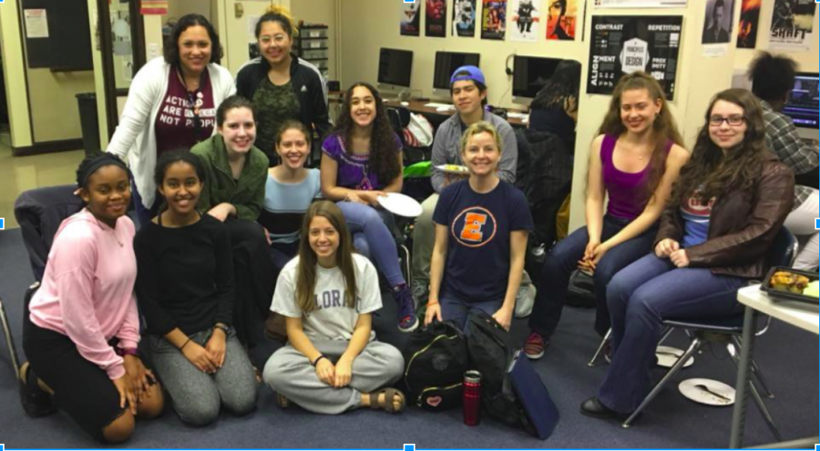 ETHS Students Without Borders (SWB) club with sponsors Michelle Vazquez (top right) and Amy Moore (fourth from the left) at end-of-year party 2018.