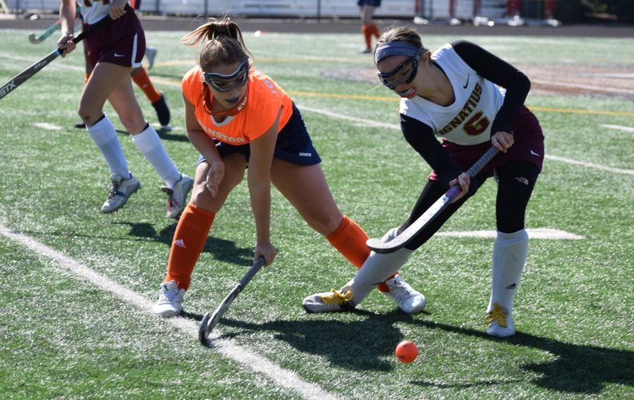 Freshman Grace Johnson defends a St. Ignatius player in the ETHS win Saturday.