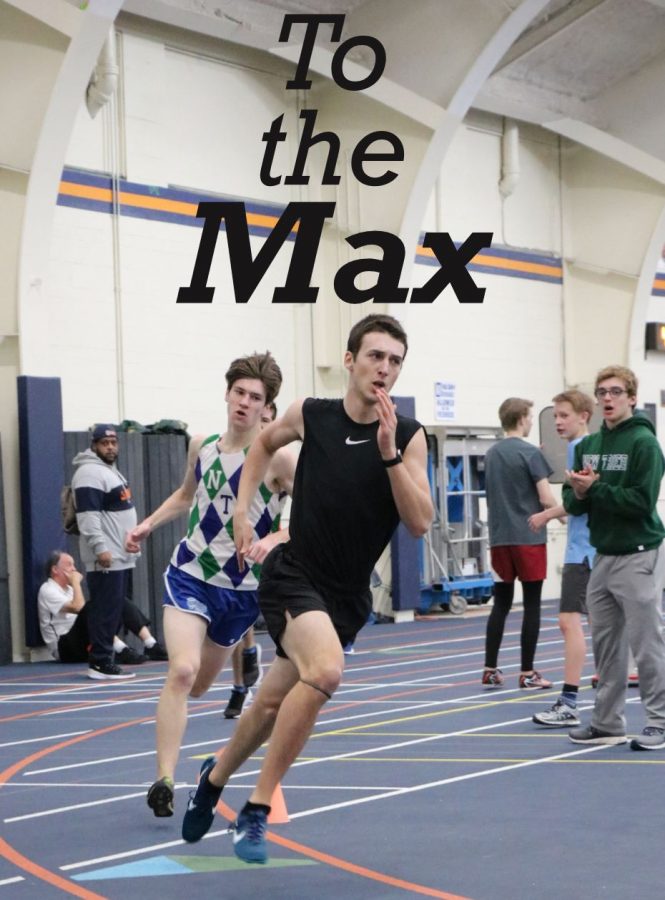 Junior Max Peterson sprints around the curve during his 1600 meter race win. 
