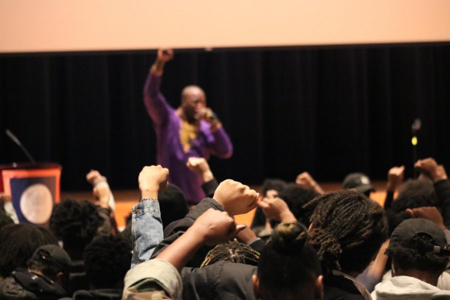 Brandon Brown, President of School Yard Rap, speaks to students at Black Summit on Feb. 21. 