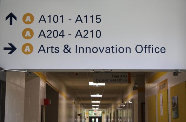 A sign showing the way to new the Arts & Innovation Office.