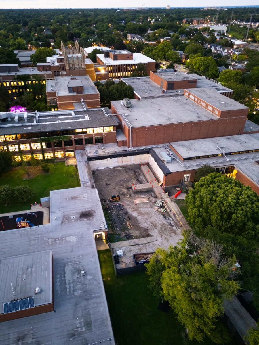 Aerial view of the arts wing construction.